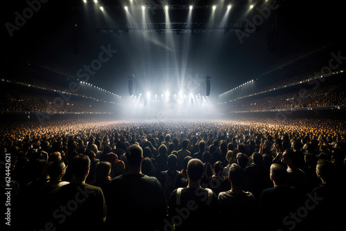 A crowd of people at a Ultra modern live event, concert, or ceremony. Large audience, crowd, or participants of a live event venue with bright lights above, generative AI
