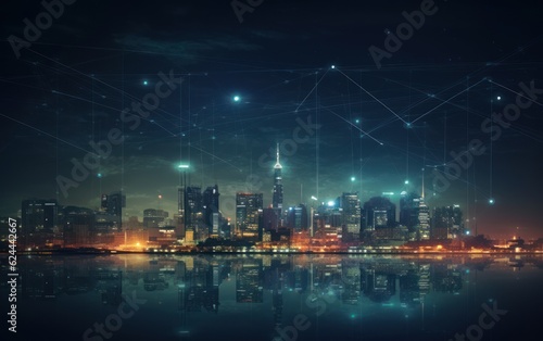 Concept of a wireless network and connectivity technology with a city backdrop at night. AI Generative
