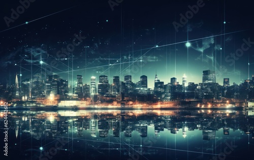 Concept of a wireless network and connectivity technology with a city backdrop at night. AI Generative