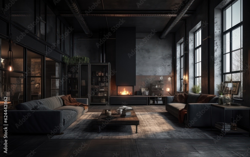 Dark living room loft with fireplace, industrial style. AI Generative