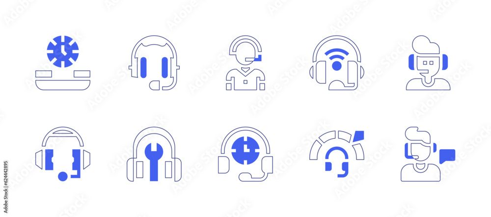 Call center icon set. Duotone style line stroke and bold. Vector illustration. Containing call, headphones, customer service, headset, call center agent, assistance, phone call, positive review.