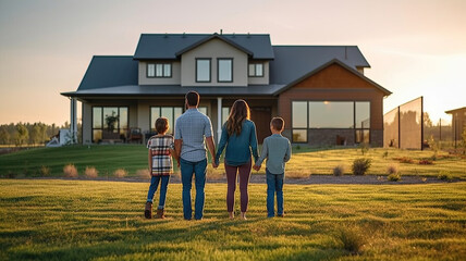 Young family looking at their new home standing with their backs, real estate purchase, Generative AI