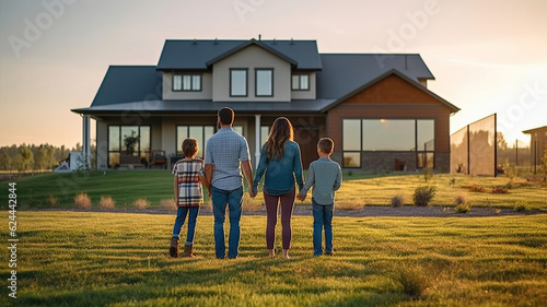 Young family looking at their new home standing with their backs, real estate purchase, Generative AI