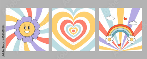 Set of groovy hippie sqaure posters. Rainbow, smiling flower in trendy retro style