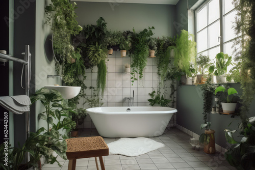 Bright bathroom with subway tile and a variety of green plants of deep forest style, generative AI