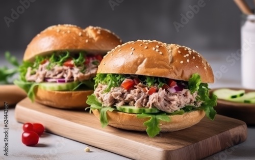 Delicious sandwiches with tuna on the white table with white light background. AI Generative