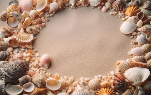 frame of seashells on the beach. AI Generative