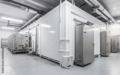 Freezing equipment in factory. Refrigerated container. Industrial freezing warehouse. AI Generative