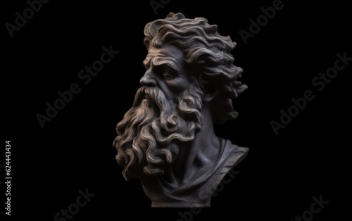 Head of greek god sculpture, statue of a man with long beard on dark background. AI Generative © Tisha