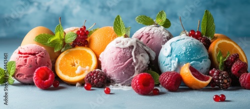 Ice cream fruitty on a white light blue background. AI Generative