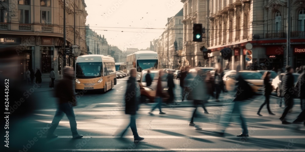 Fototapeta premium Lots of people walking around the city. Shot of cars and people in movemen. AI Generative