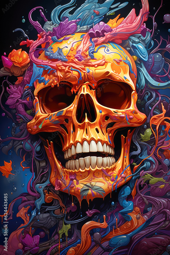 Psychedelic Neon Aggressively Grinning Human Skull, Dripping with Fractal Delights Vector Art Psychedelic Neon Aggressively Grinning Human Skull, Dripping with Fractal Delights Vector Art