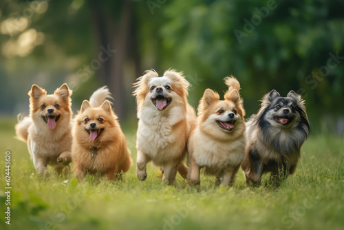 Cute funny dogs group running and playing on green grass in park, generative AI