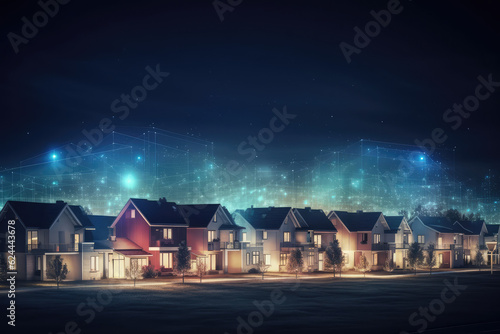 Digital community, smart homes and digital community. DX, Iot, digital network in society concept. suburban houses at night, generative AI