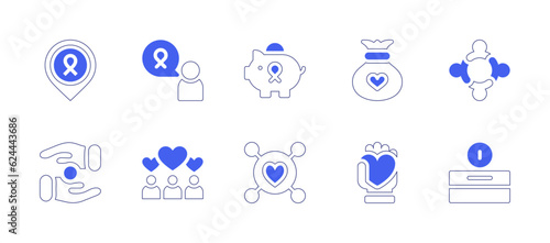 Charity icon set. Duotone style line stroke and bold. Vector illustration. Containing charity, healthy, piggy bank, donation, team, alms, love.