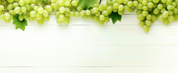Green and Black juicy grapes on white background. autumn Frame made of grapes . Copy space for text or menu on white wooden background. Fruit berry Frame Border Long web banner. digital ai