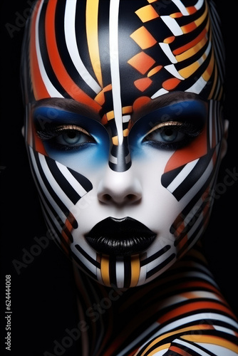 Face of a young female with creative body art. Colorful mosaic of triangles and geometry on the face of a woman  on black background.