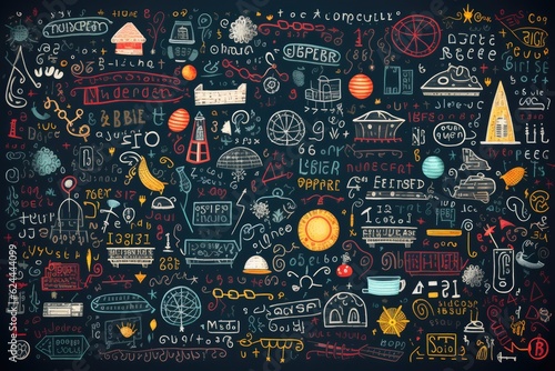 colorful school theme doodles drawn with chalk on a blackboard background, Generative AI