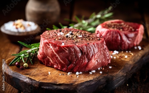 Raw beef filet Mignon steak on a wooden Board with pepper and salt. AI Generative