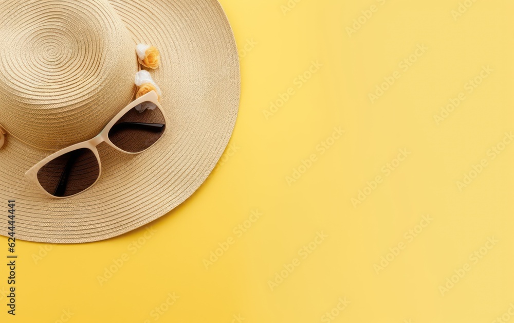 Straw hat and sunglasses on yellow background. Summer holiday, vacation. AI Generative
