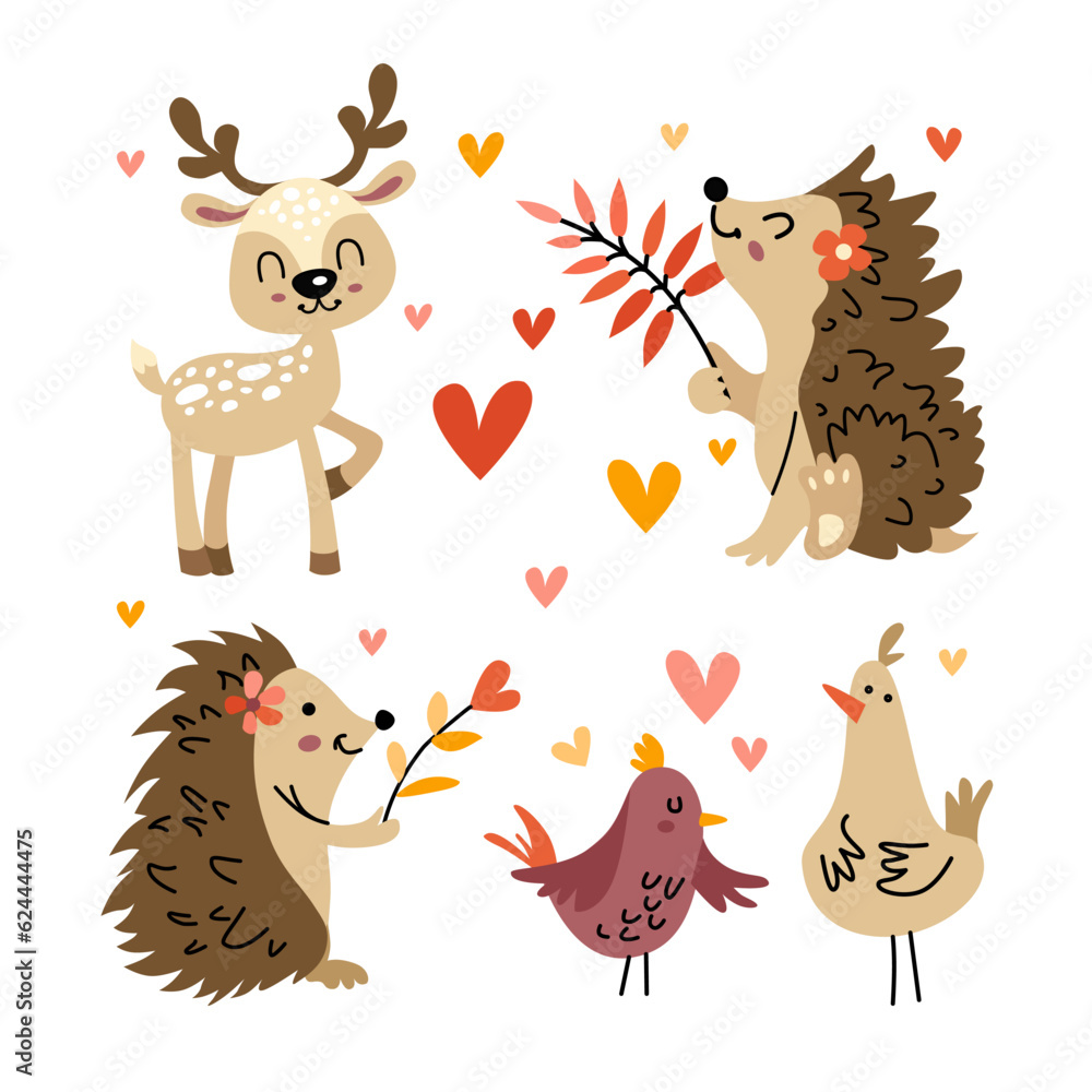 Obraz premium Vector illustration of cute forest animals including deer, hedgehog and bird. Isolated set with cute woodland forest animals in cartoon.