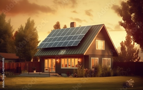 solar panels in front of house. AI Generative © Tisha