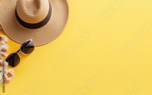 Straw hat and sunglasses on yellow background. Summer holiday  vacation. AI Generative