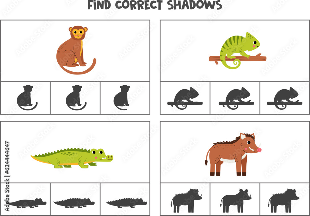 Find correct shadow of cute African animals. Printable clip card games for children. Find correct shadow of cute African animals. Printable clip card games for children.