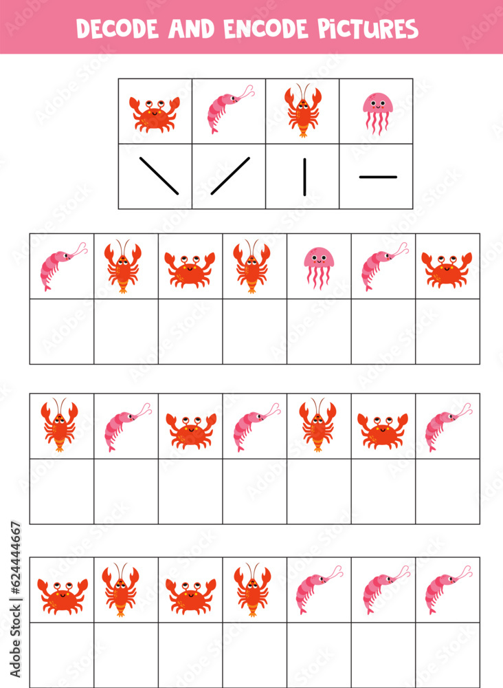 Decode and encode pictures. Write the symbols under cute sea animals. Decode and encode pictures. Write the symbols under cute sea animals.