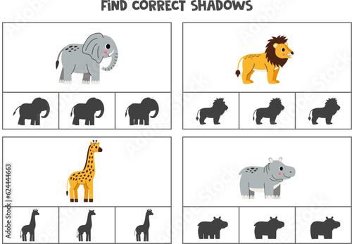 Find correct shadow of cute African animals. Printable clip card games for children.