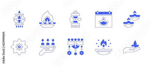 Diwali icon set. Duotone style line stroke and bold. Vector illustration. Containing lantern  candle  lamp  calendar  chakra  candles  decoration  oil lamp.