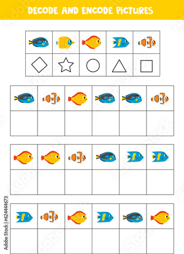 Decode and encode pictures. Write the symbols under cute sea fish. photo