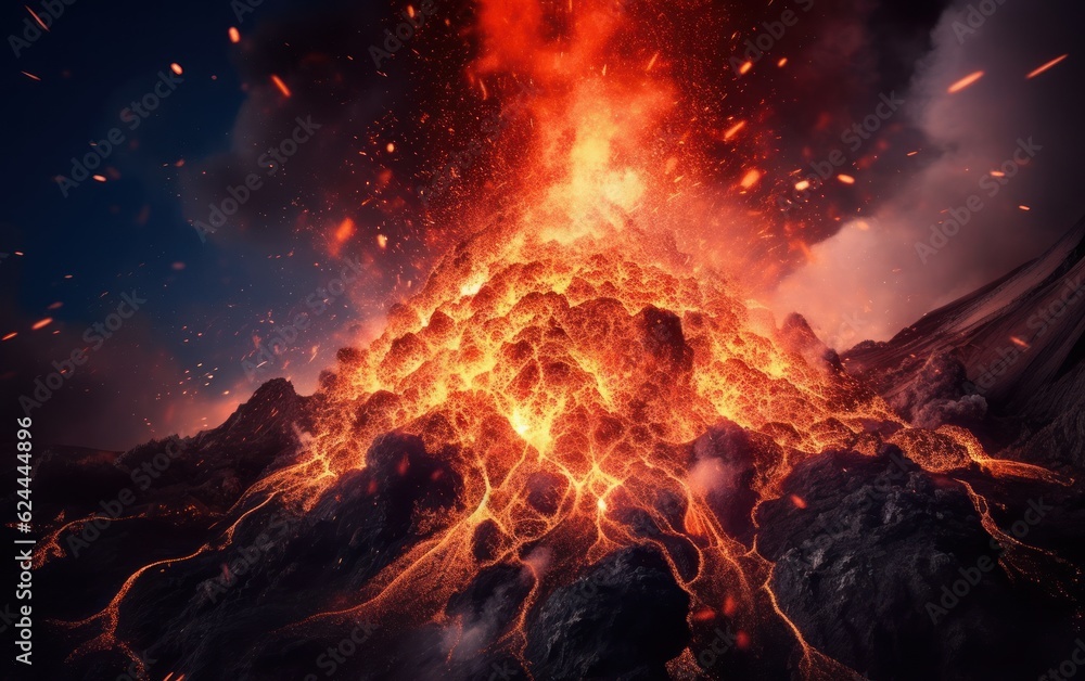 volcanic eruption with lava going down. AI Generative