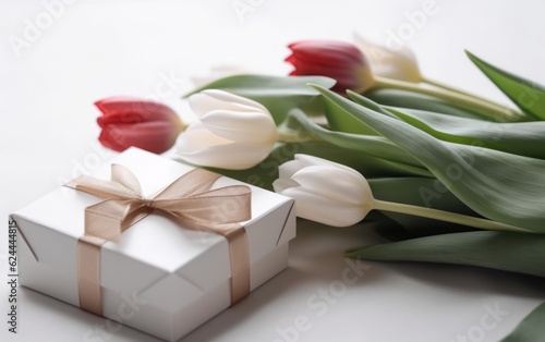 Tulips and giftbox on white background. AI Generative