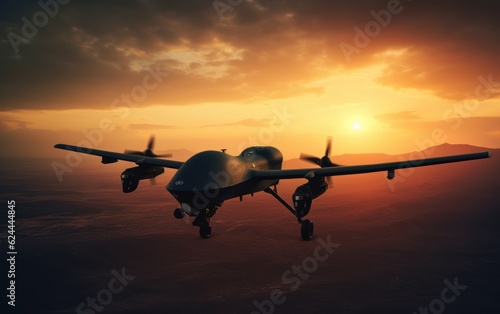 Unmanned military drone on patrol air territory at high altitude at sunset. AI Generative