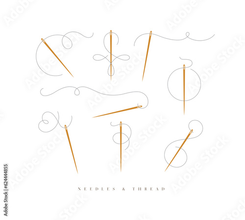 Needles and curly threads in different positions drawing on white background