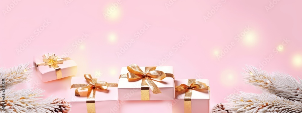 Fototapeta premium White gift boxes with golden bow with snowy fir branches on pastel pink background. AI Generative