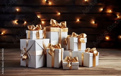 Wallpaper Mural White gift boxes tied golden ribbons and bow on wooden background. AI Generative Torontodigital.ca