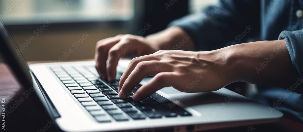 Young man hand working on a laptop, bokeh blurred white background at For text copy space. AI Generative
