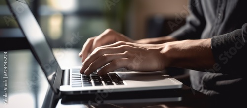 Young man hand working on a laptop, bokeh blurred white background at For text copy space. AI Generative