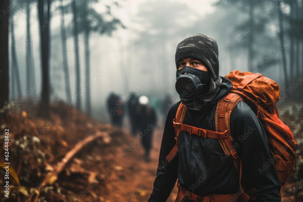 A thought-provoking photo of a hiker wearing a protective mask amidst a heavily polluted forest, urging viewers to take action against air pollution. Generative AI A thought-provoking photo of a hiker wearing a protective mask amidst a heavily polluted forest, urging viewers to take action against air pollution. Generative AI