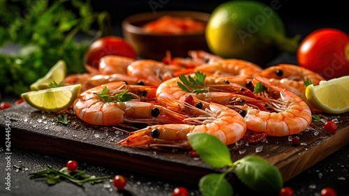 Succulent Raw Shrimps Piled on a Stone Board, Tantalizingly Paired with Juicy Cherry Tomatoes, Aromatic Spices, and Refreshing Lime, Set against a Black Rustic Background. Generative AI