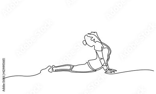 Continuous line drawing woman doing yoga pose exercise.