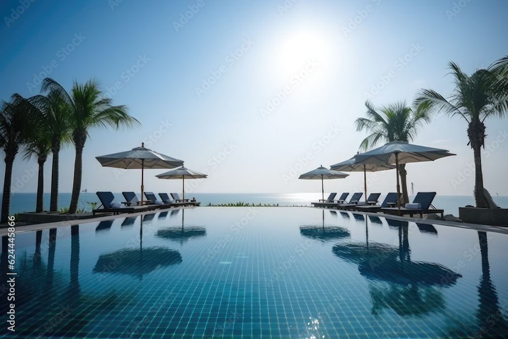 Luxurious swimming pool and loungers umbrellas near beach and sea with palm trees and blue sky, generative AI