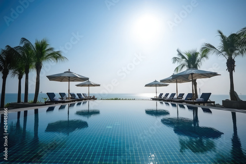 Luxurious swimming pool and loungers umbrellas near beach and sea with palm trees and blue sky, generative AI © Kien