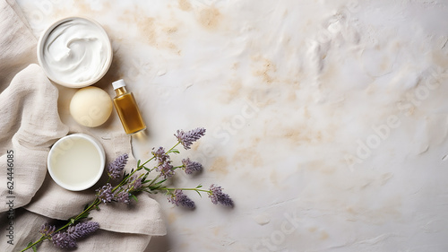 Spa still life with creams, essential oils, towels on light background. Healthy lifestyle, body care, Spa treatmen Flat lay, top view, Blurry background, template, Bokeh, Copy Space, Generative AI