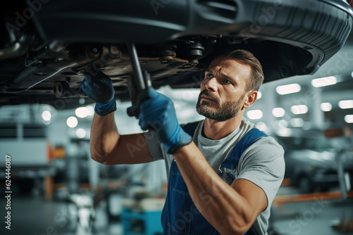 Expert Care Under the Lift  A Skilled Worker Repairing a Vehicle in a Car Service
