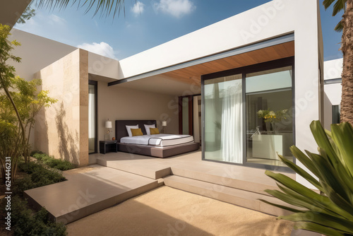 modern villa with open plan living and private bedroom wing with small terrace for relaxation  generative AI