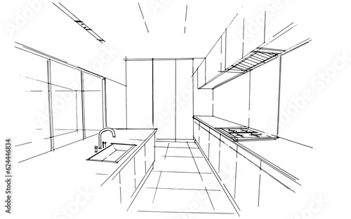 kitchen line drawing,a line drawing Using interior architecture, assembling graphics, working in architecture, and interior design, among other things.,house interior or interior design