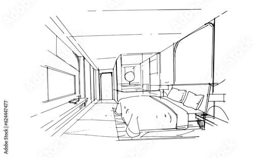 bedroom sketch,a line drawing Using interior architecture, assembling graphics, working in architecture, and interior design, among other things.,house interior or interior design